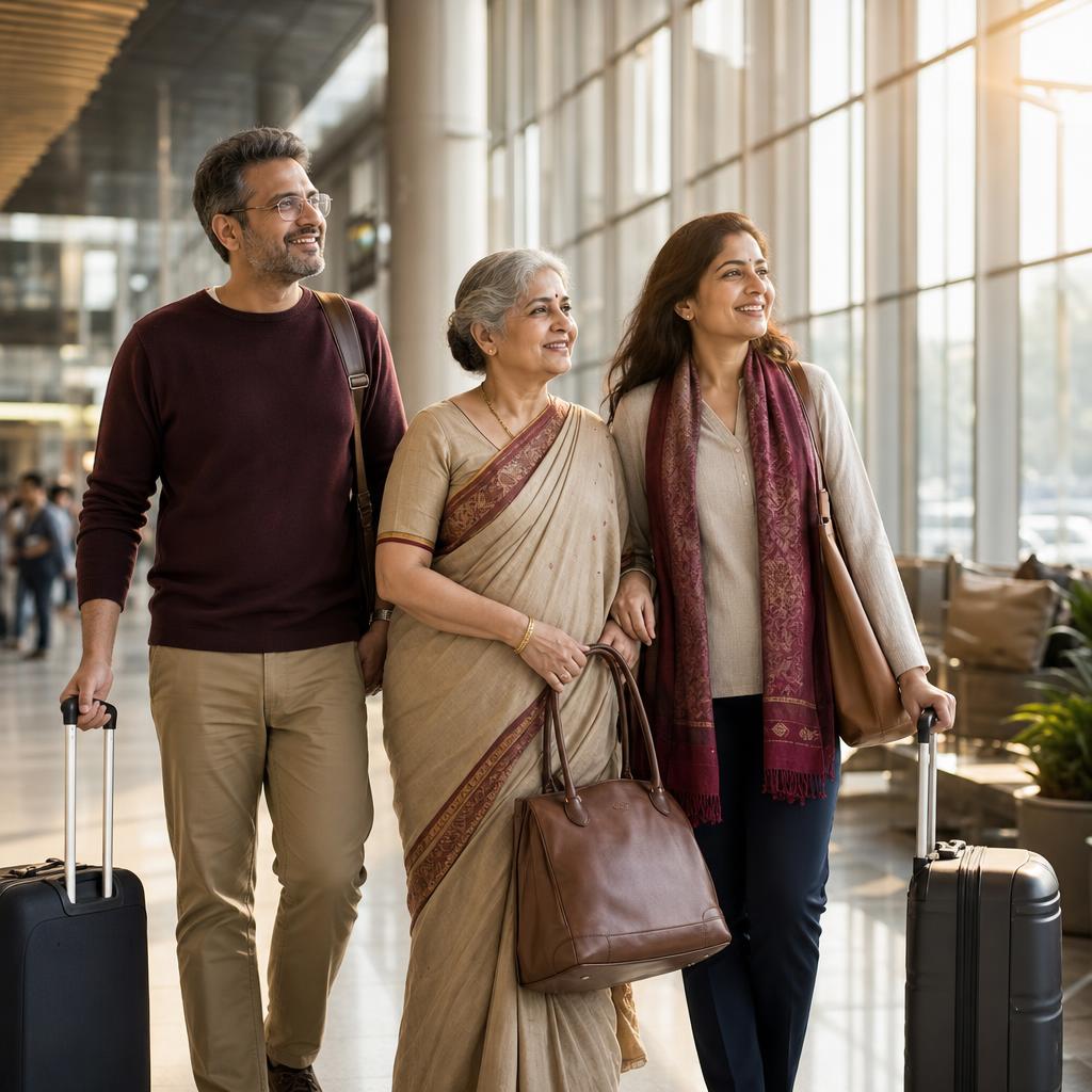 Family accompanying an older parent at an airport
