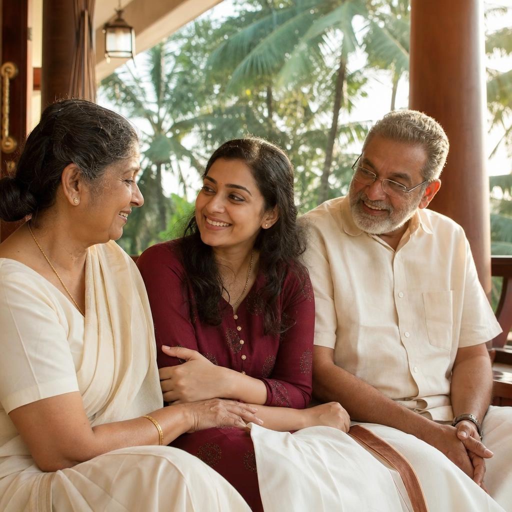 Malayali grandparents with their adult daughter at a Kerala home