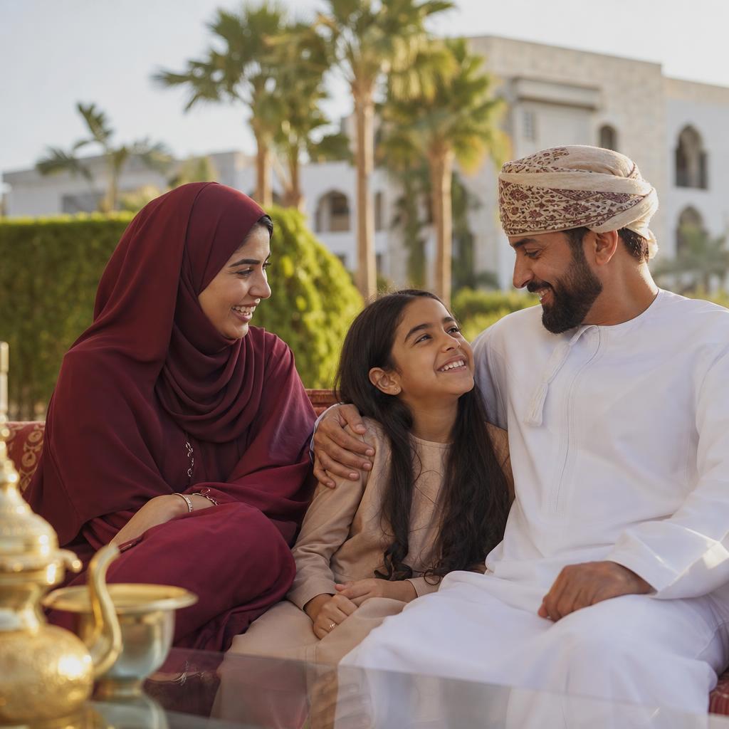 Illustrative Omani family together in a garden