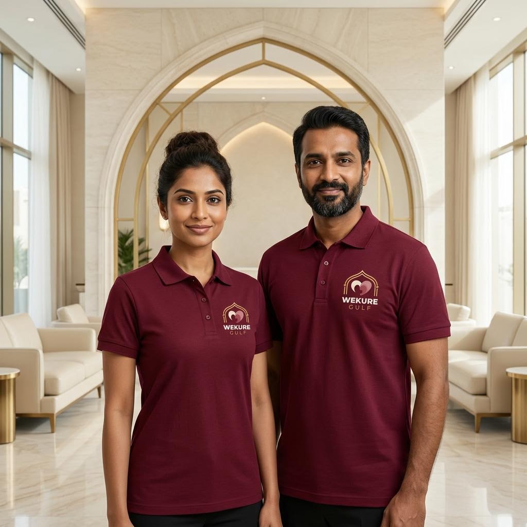 Care-team portrait in burgundy WeKure Gulf logo polos