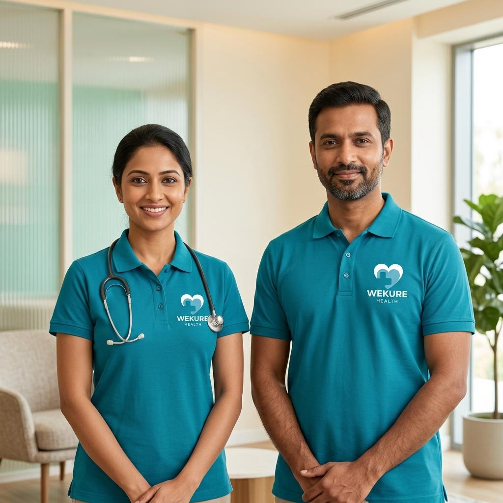 Care team wearing teal Wekure Health logo polos