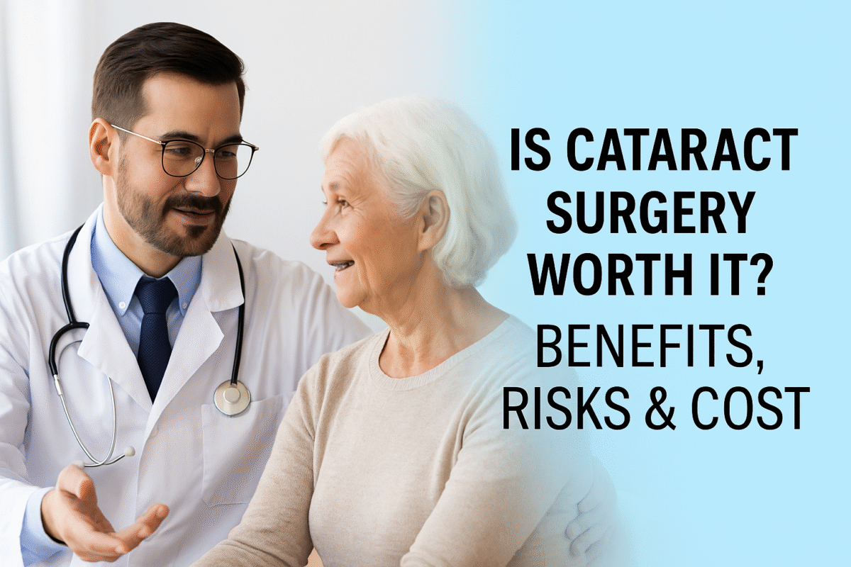 Doctor discussing cataract treatment options with elderly patient – representing benefits, risks, and cost.