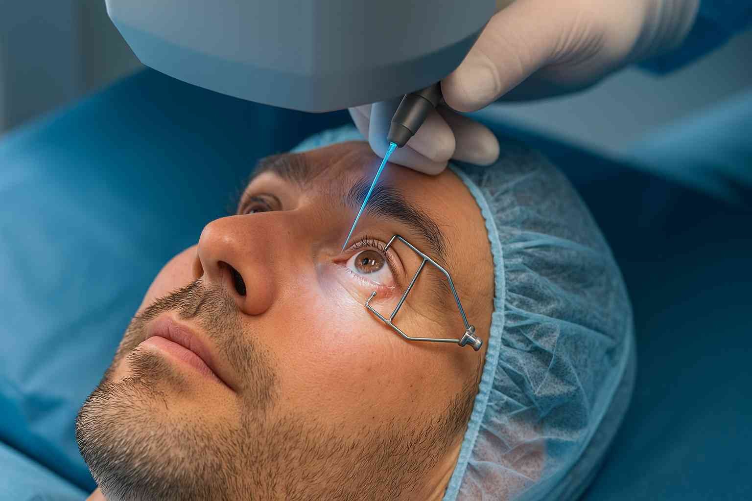 Patient undergoing LASIK eye surgery with precision laser equipment for vision correction